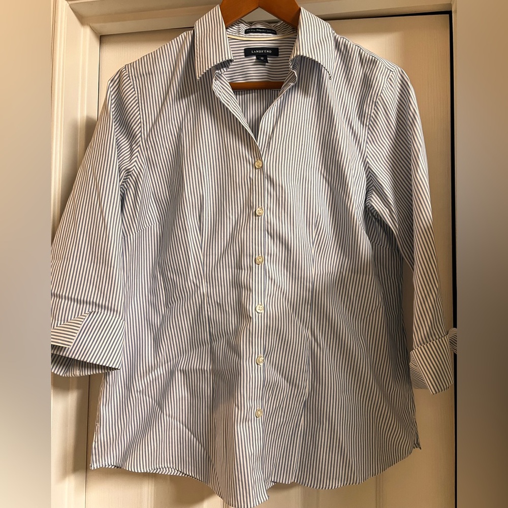 Lands' End No Iron Blue Striped Oxford Shirt
